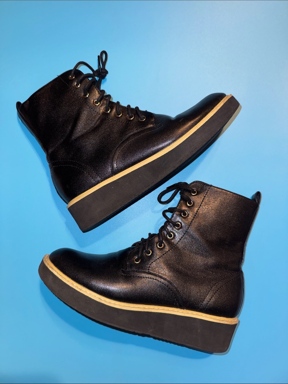 Olivia Miller Black Lace-Up Platform Wedge Combat Boots Size 9